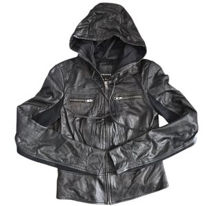TROUVE Women’s Moto Black Hooded Leather Jacket Size S